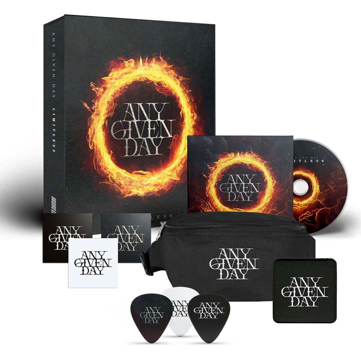 “Any Given Day - Limitless” CD package with fiery artwork and accessories.