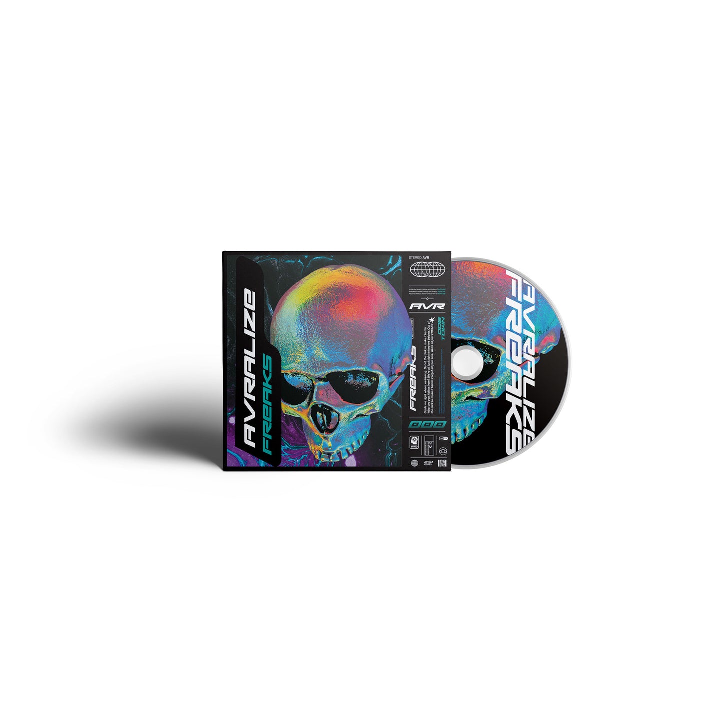 Avralize - Freaks" CD case with colorful, abstract face and disc.