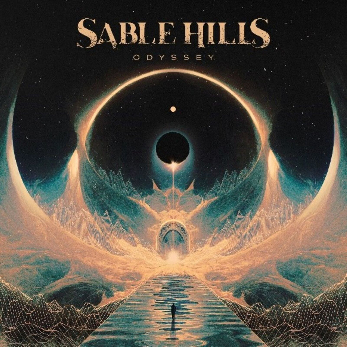 Album cover for Sable Hills’ “Odyssey” featuring a dark, cosmic landscape.