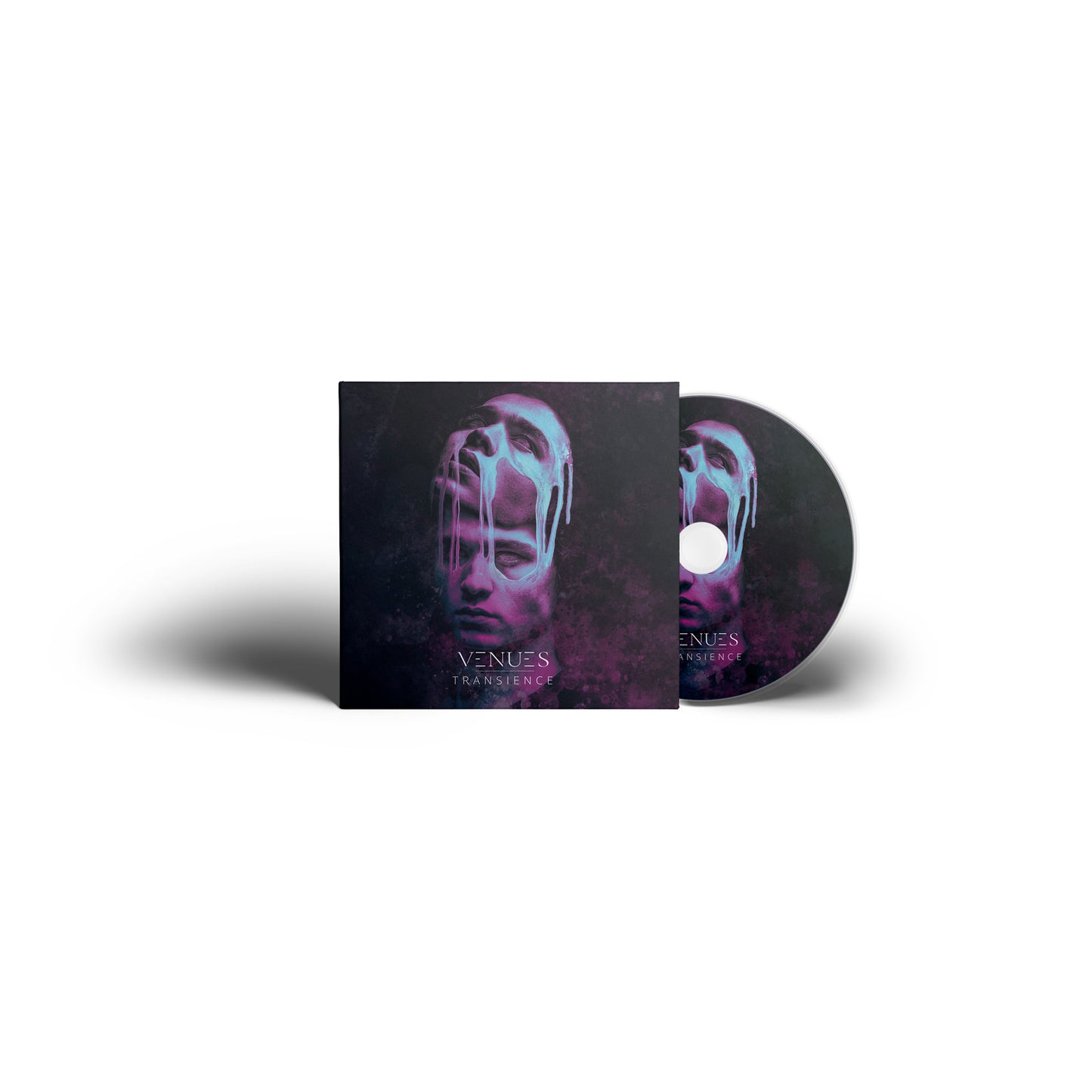 CD case and disc with a distorted face and dripping paint.