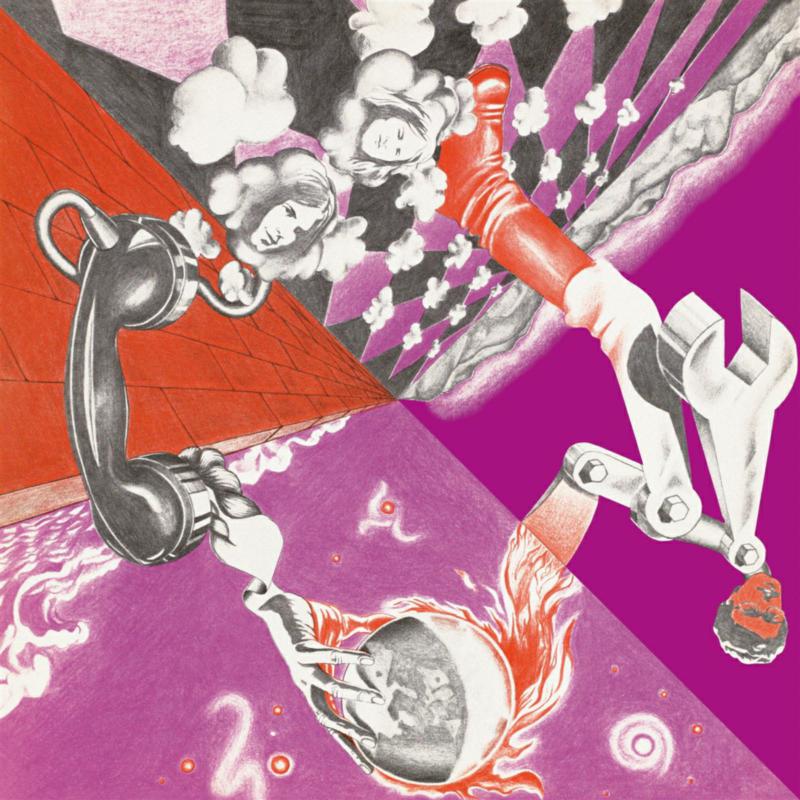 Surreal artwork featuring a telephone, robotic arm, and floating figures on a purple background.