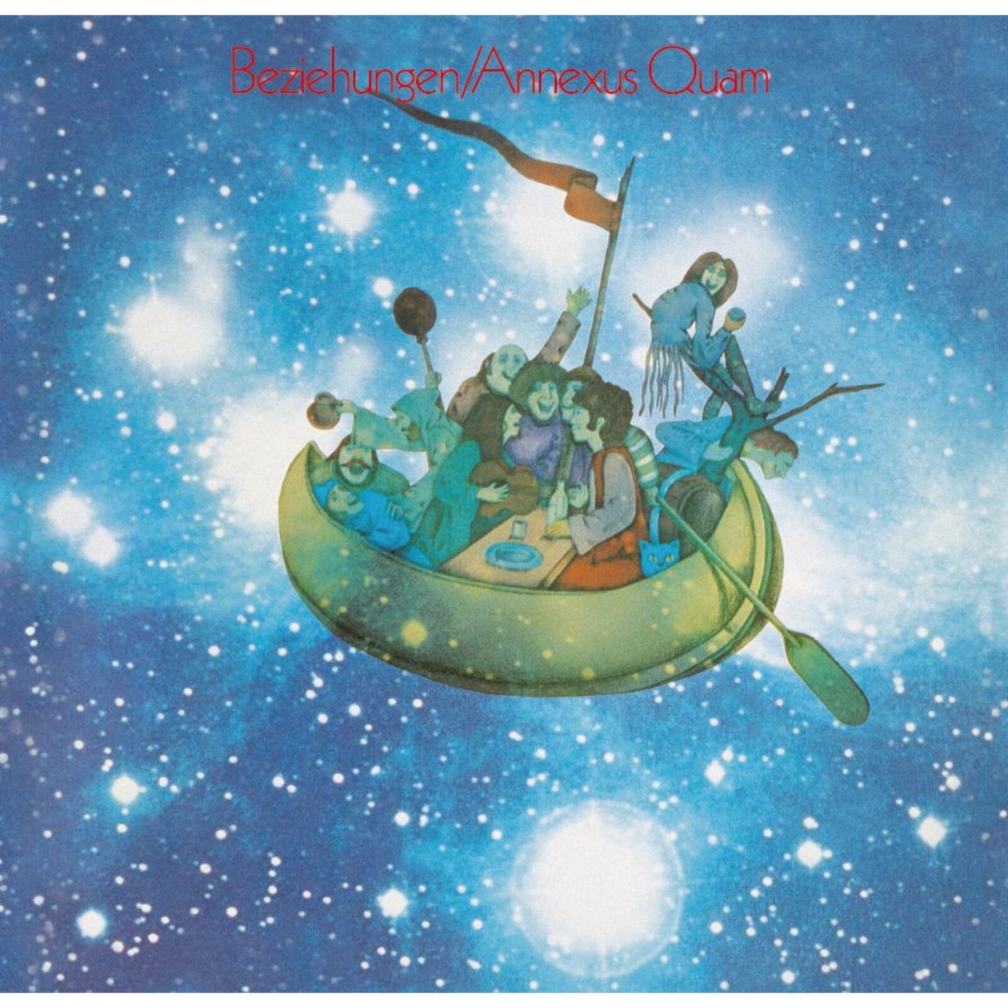 Colorful illustration of people in a boat floating in a starry sky.