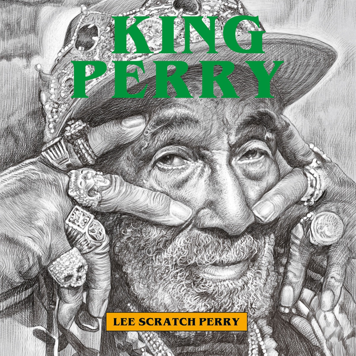 Black and white portrait of Lee “Scratch” Perry with rings and a hat.