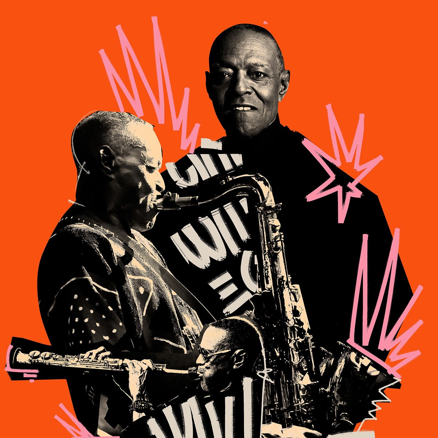Stylized black and white portraits of musicians with pink accents on orange background.