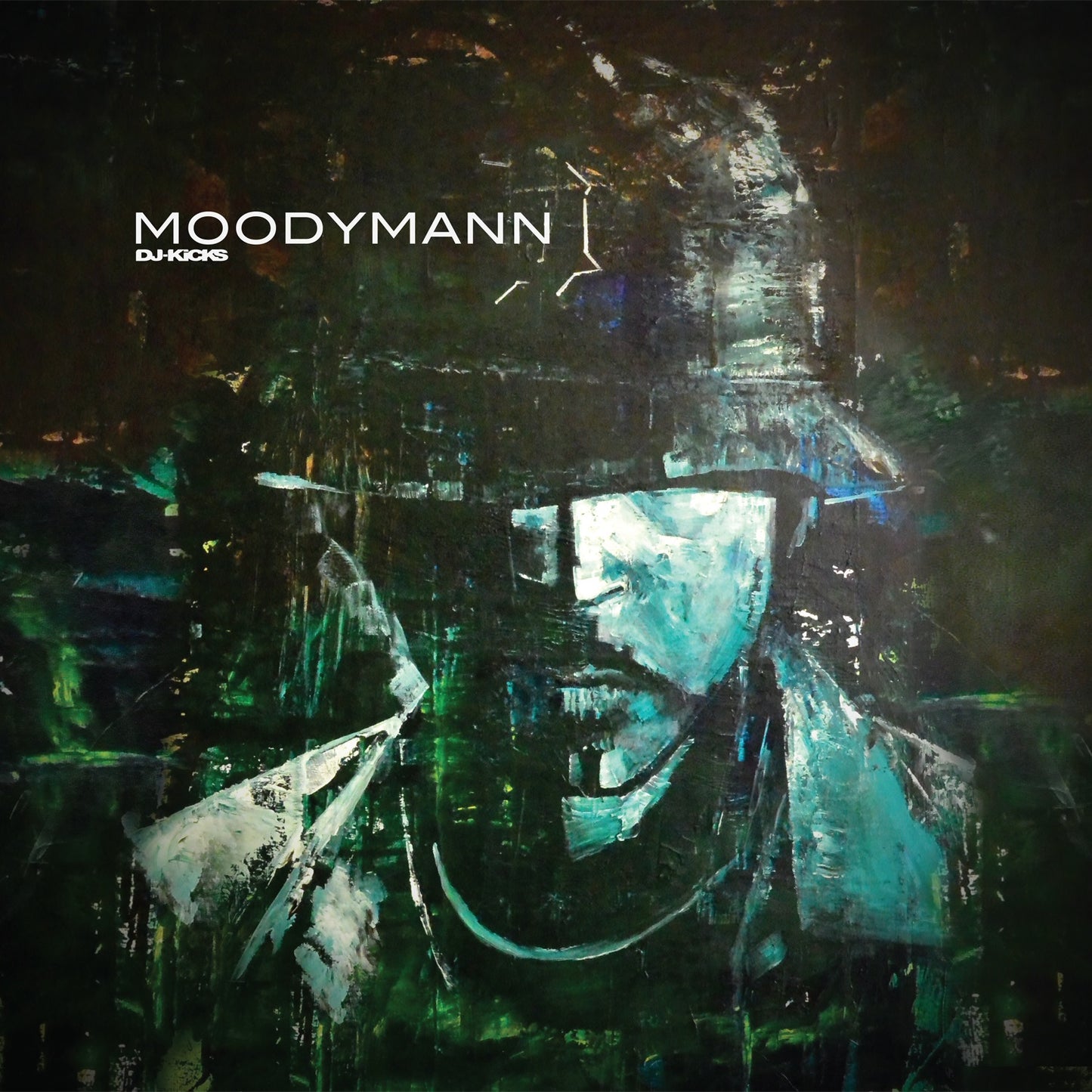 Painted portrait of a man in a hat, dark green and blue tones.