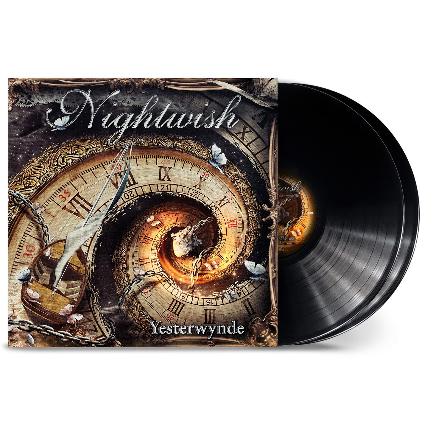 Nightwish "Yesterwynde" vinyl record with ornate clock and swirling design.
