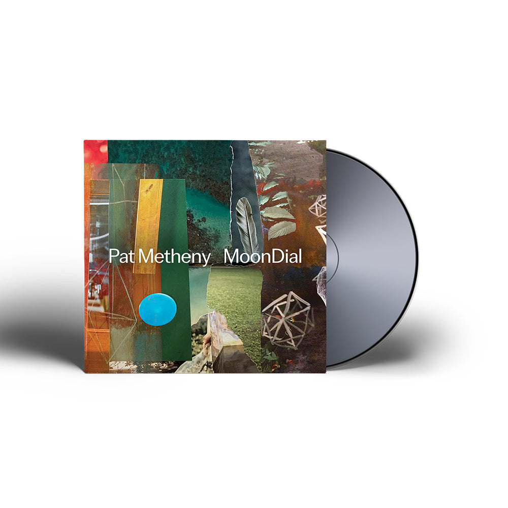 Pat Metheny’s “Moondial” album cover and a silver compact disc.