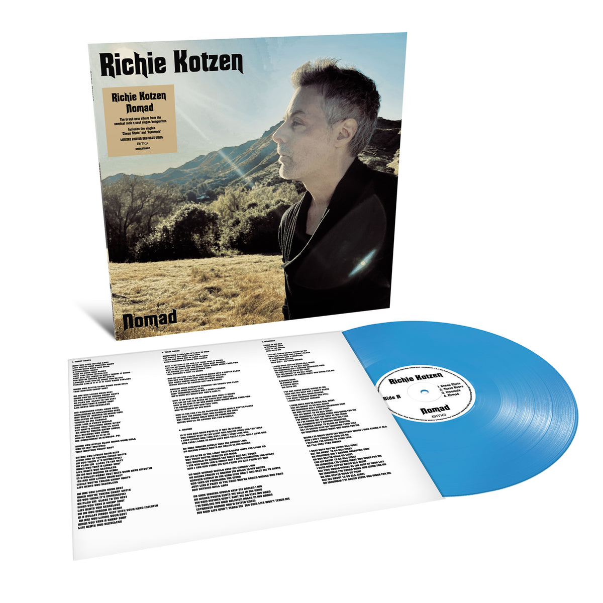 Richie Kotzen’s “Nomad” vinyl record with blue disc and cover art.
