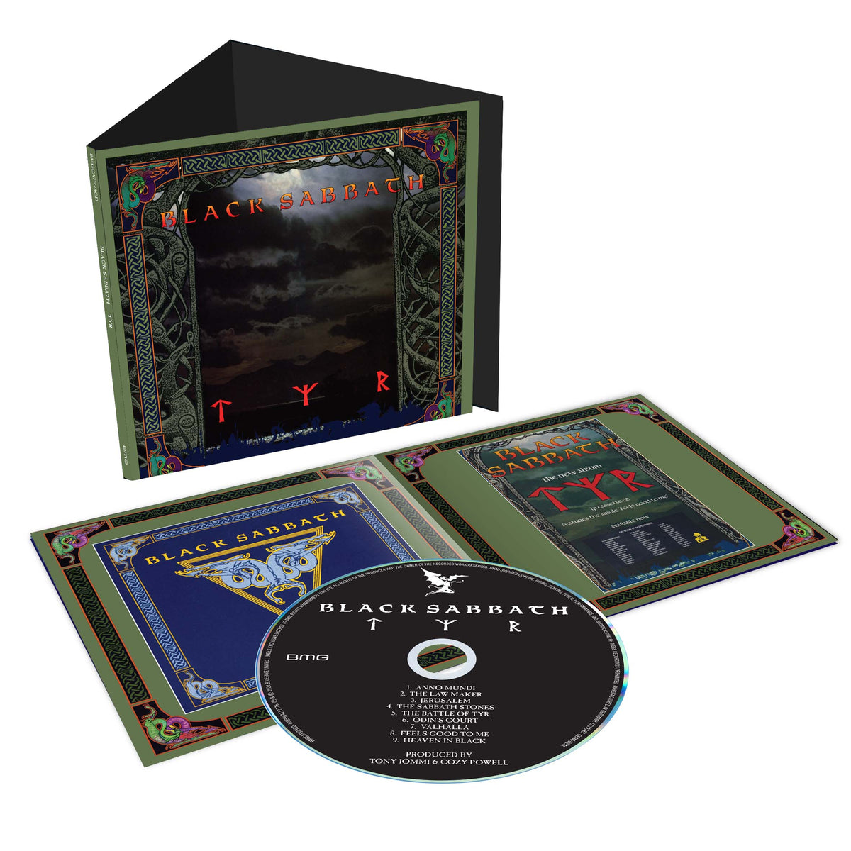 Black Sabbath “Tyr” (2024) CD packaging with ornate green and gold cover art.