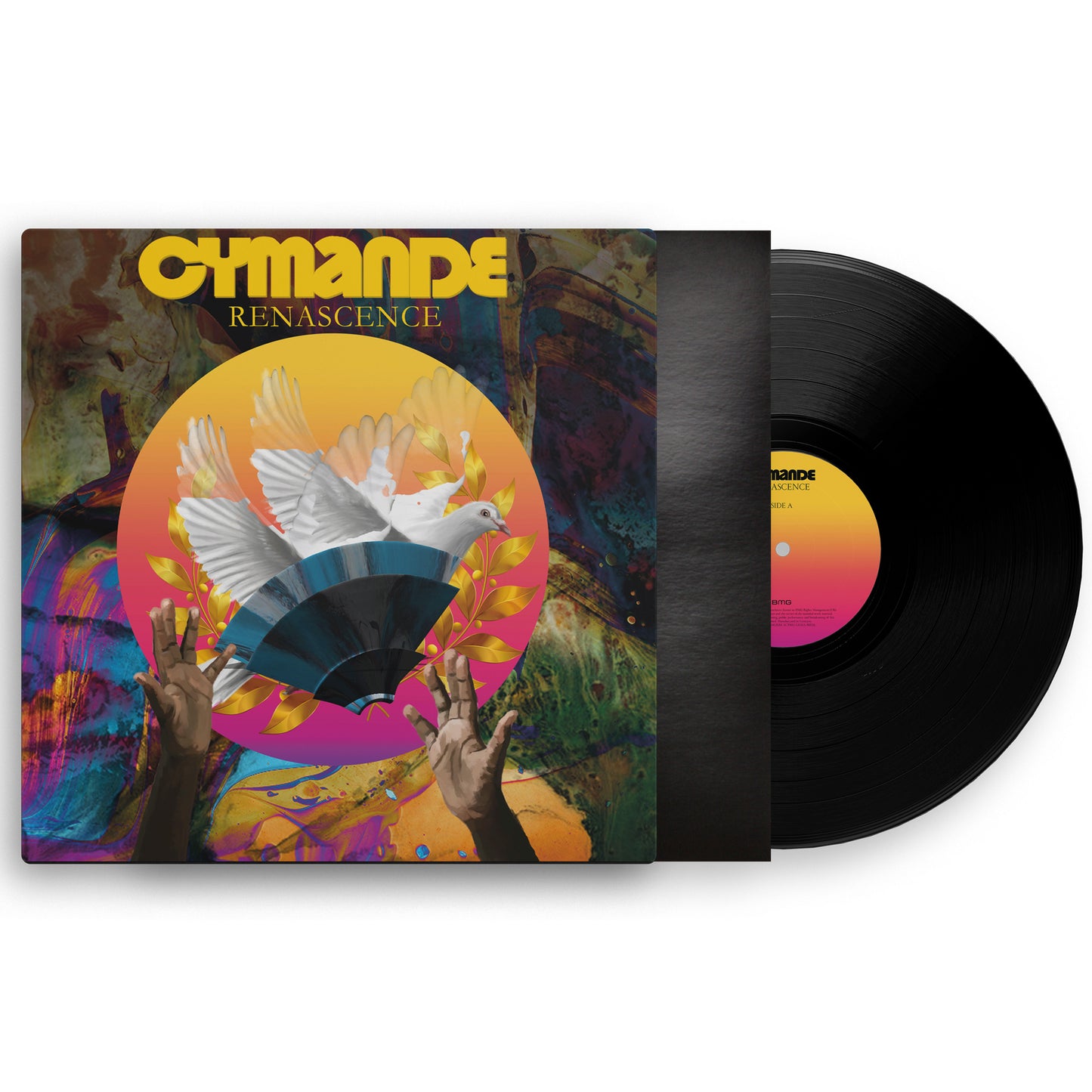 Cymande Renascence vinyl record album cover showing doves, hands, and a black vinyl disc.