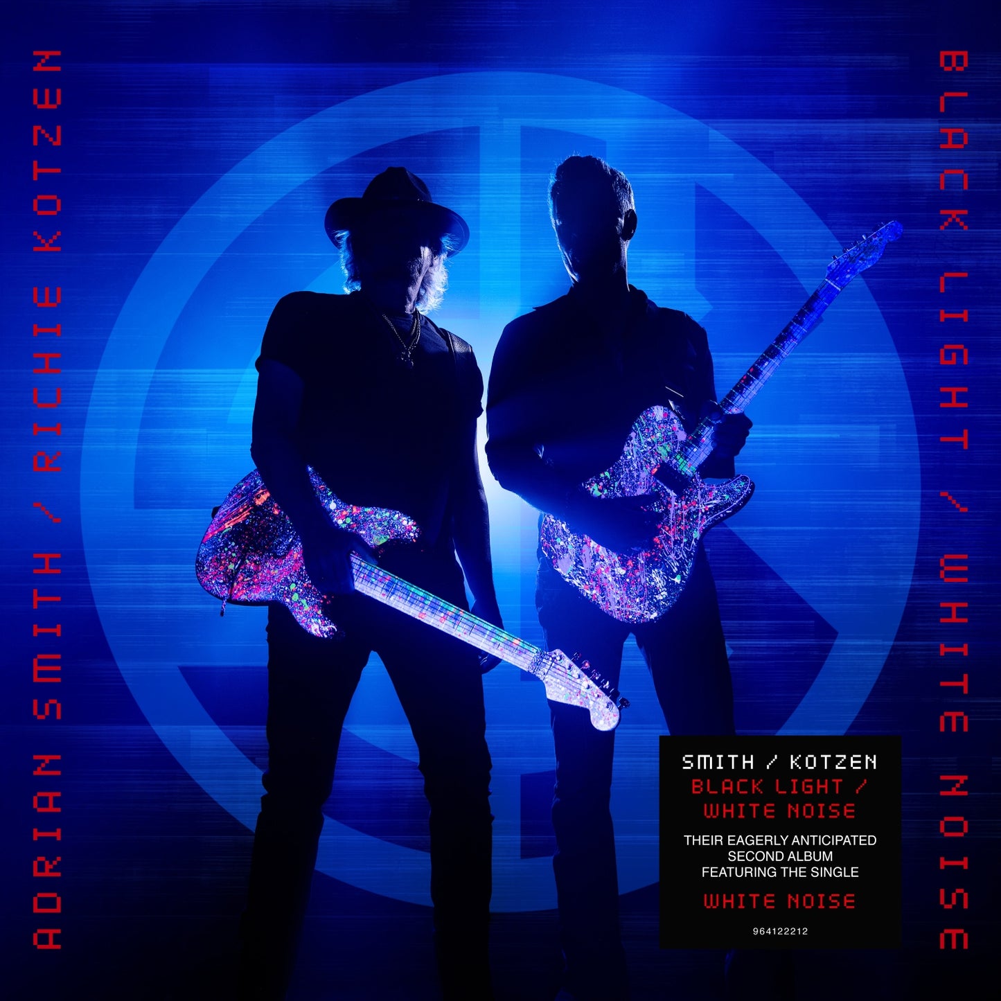 Silhouetted figures of Adrian Smith and Richie Kotzen holding paint-splattered electric guitars against blue light.