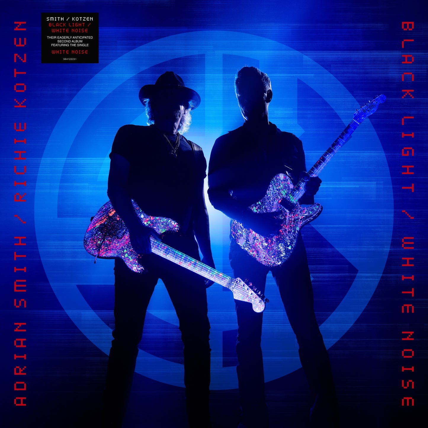Vinyl record cover featuring two guitarists silhouetted against a blue and black swirl.