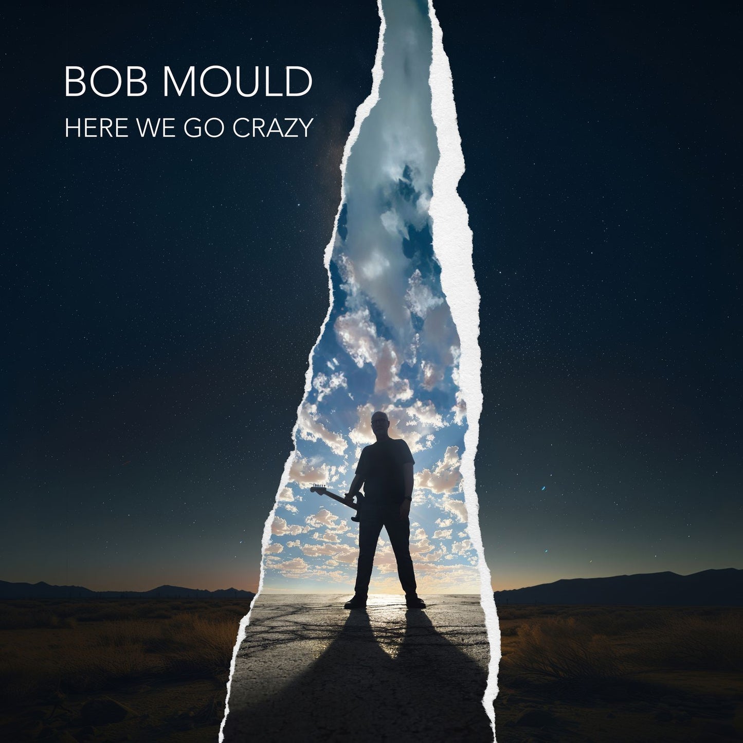Bob Mould album cover: silhouetted musician under a torn, cloudy sky.