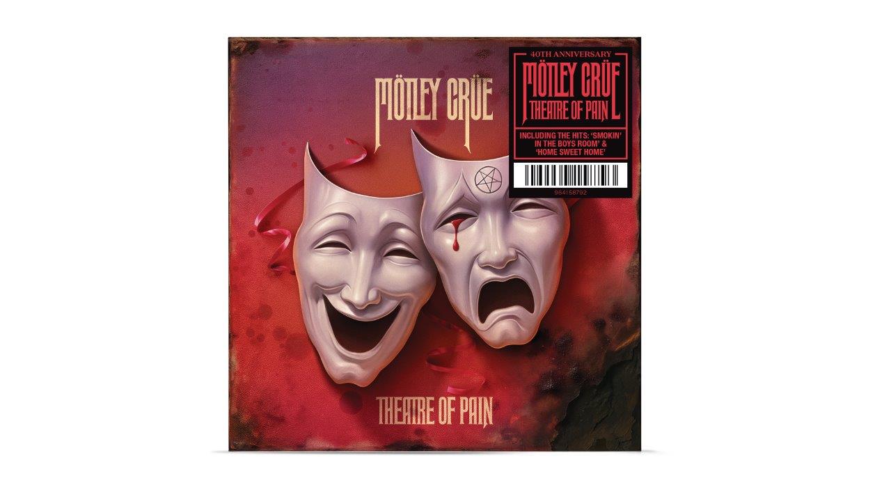 Motley Crue “Theatre Of Pain” CD cover with theatrical masks and red splatter.