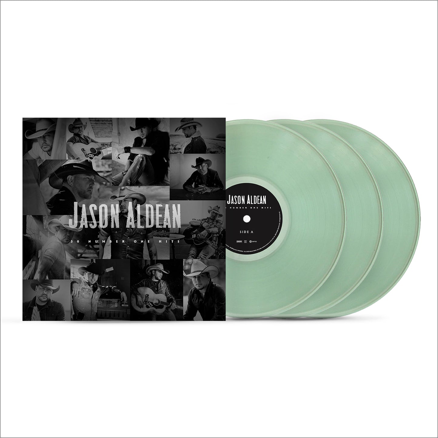 Jason Aldean vinyl record set with collage cover art and three light green discs.