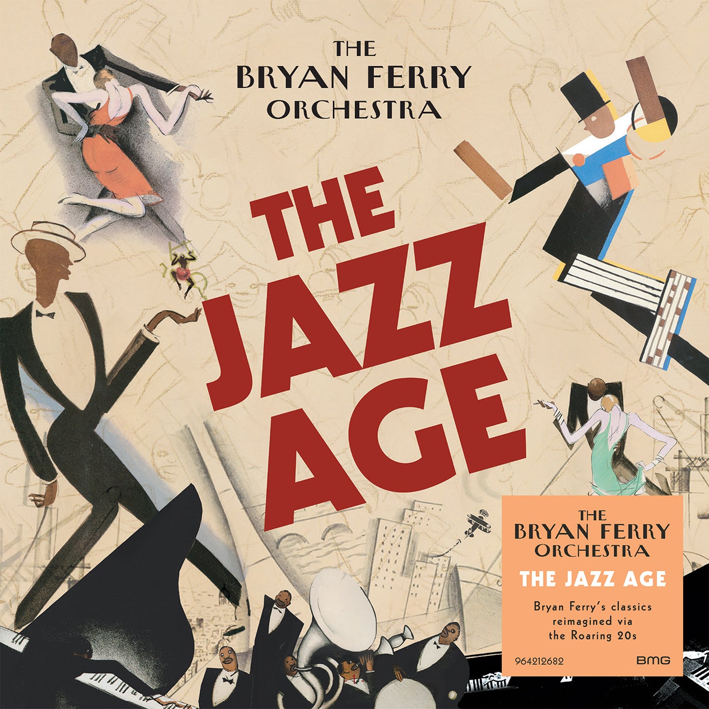 Art deco style album cover with dancing figures, musicians, and bold red text.
