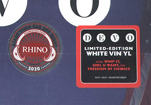 Close-up of Devo vinyl record stickers: Rhino and limited edition white vinyl.