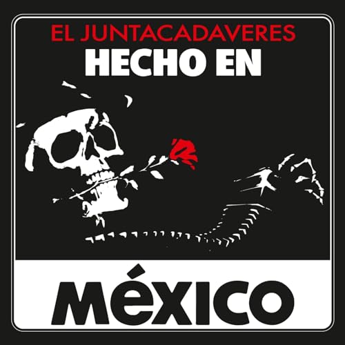 Skull with a red rose in its mouth, black and white design.
