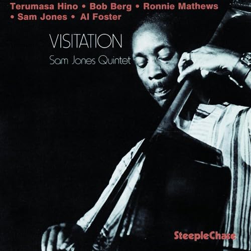 Album cover for Sam Jones' "Visitation" featuring a jazz musician with a trombone.