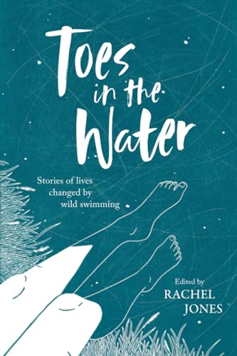 Book cover with white text on a teal background showing illustrated feet in water.