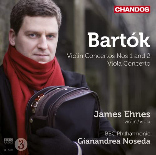 CD cover featuring violinist James Ehnes with a red scarf and instrument case.