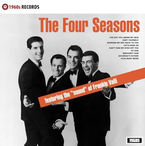 The Four Seasons band members in suits on a red and white album cover.