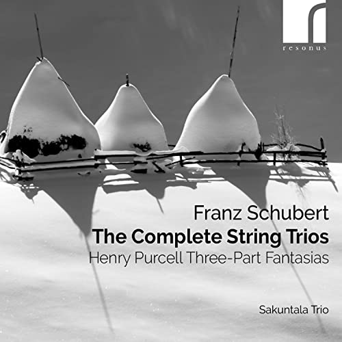 CD cover with snowy pear shapes and text: Schubert, Purcell, Sakuntala Trio.