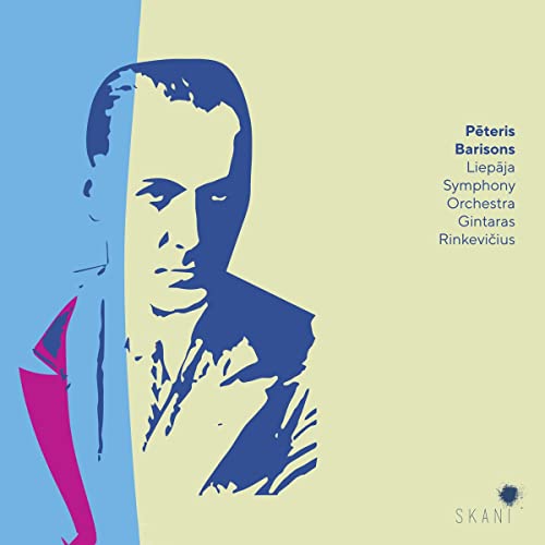 CD cover featuring a blue and white portrait of composer Peteris Barisons.