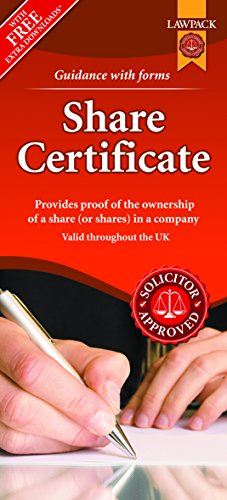 Lawpack Share Certificate guide cover showing a person writing on a document.