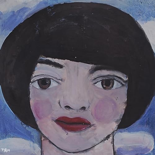 A stylized painting of a person with a dark bob haircut against a blue sky.