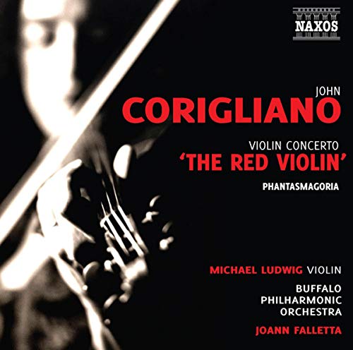 CD cover for Corigliano’s “The Red Violin” concerto, featuring a violin.