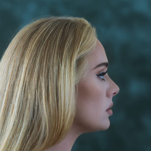 Adele's profile on the "30" CD cover, blonde hair, green background.