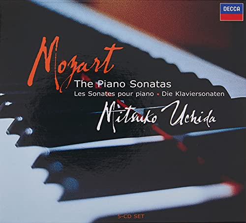 CD cover for Mitsuko Uchida playing Mozart's Piano Sonatas with a piano keyboard background.