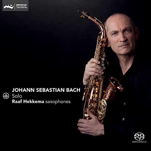 Raaf Hekkema holding a saxophone, album cover for "Solo" by Johann Sebastian Bach.