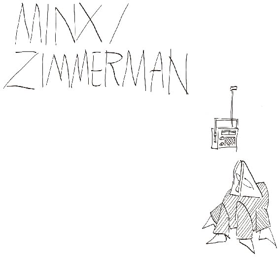Black and white sketch of album cover with text and radio illustration.