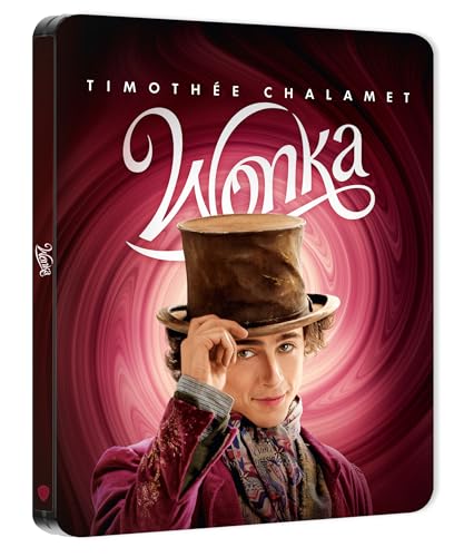 Wonka steelbook featuring TimothƩe Chalamet wearing a top hat against a swirling purple background.