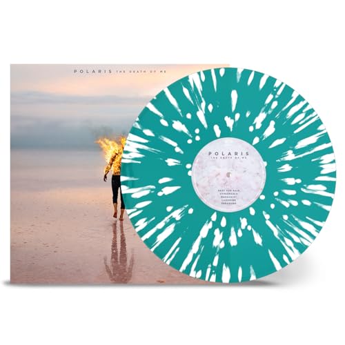 Vinyl record with teal and white starburst pattern in front of album cover art.