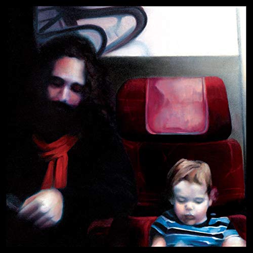 Painting of a bearded man and young child seated on red airplane seats.