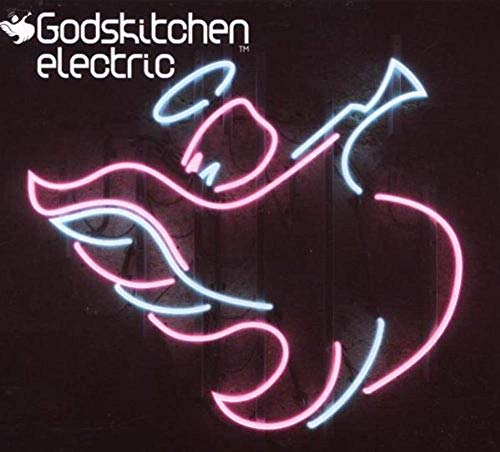 CD cover for Godskitchen Electric featuring neon pink and blue angel illustration.