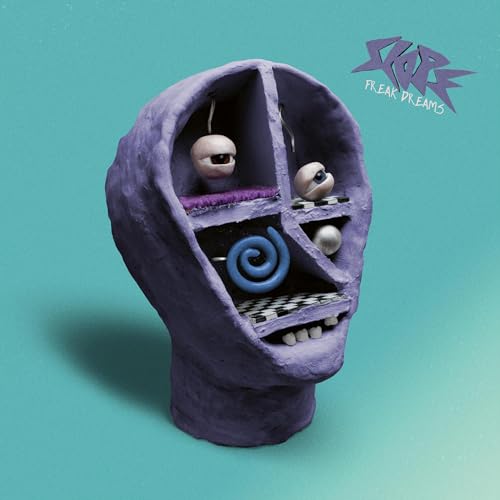 Purple sculpted head with eyes and a blue spiral inside.