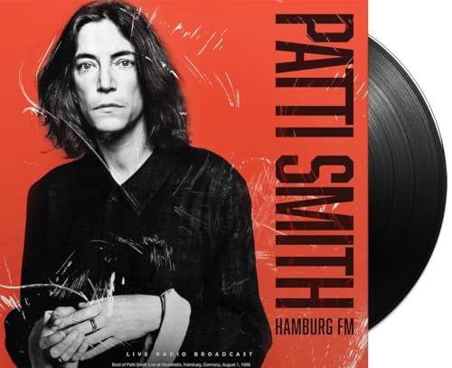 Patti Smith album cover with vinyl record, red background, portrait.