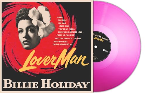 Billie Holiday “Lover Man” vinyl record with magenta disc and album cover.
