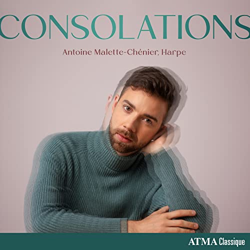 CD cover featuring Antoine Malette-Chénier, a harpist, in a teal sweater.