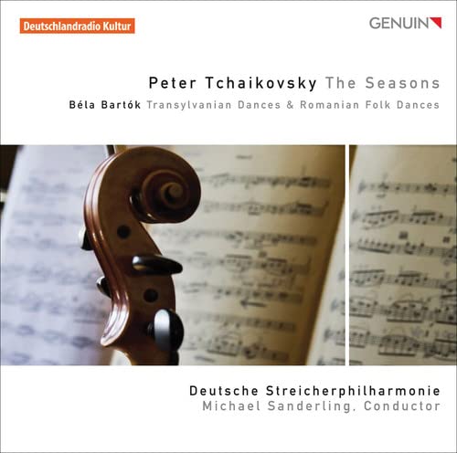 CD cover featuring a violin scroll over sheet music, composers Tchaikovsky and Bartók.