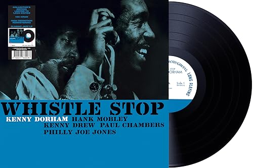 Kenny Dorham “Whistle Stop” vinyl record with a portrait of musicians.