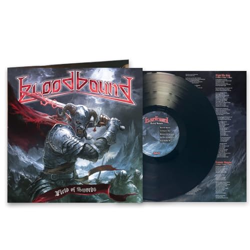 Bloodbound "Field Of Swords" vinyl record with knight artwork and tracklist.