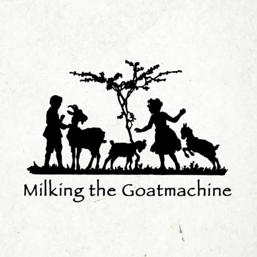 Black silhouette of people and goats around a small tree.