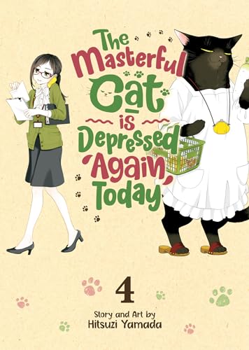 A woman in office attire stands beside a large black cat wearing an apron.
