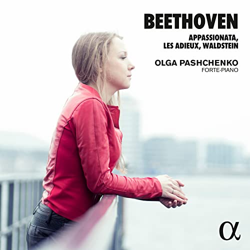 CD cover featuring pianist Olga Pashchenko in red, with Beethoven’s name.