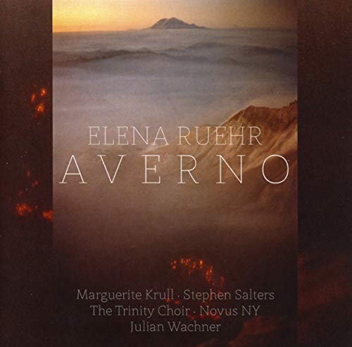 CD cover for "Averno" by Elena Ruehr, featuring a misty mountain landscape.